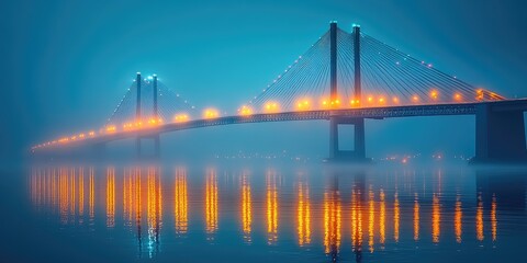 Fototapeta premium A sleek suspension bridge lights up against a backdrop of misty water and distant lights.