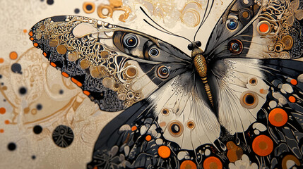 Artystyczny kadr przedstawiający motyla z wyraźnymi, precyzyjnymi wzorami na skrzydłach.
