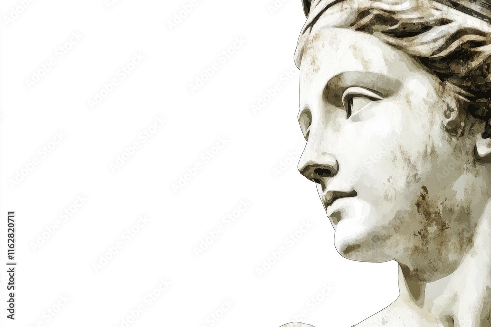 Poster a close-up shot of a statue depicting a woman's face, ideal for editorial use or as a decorative ele