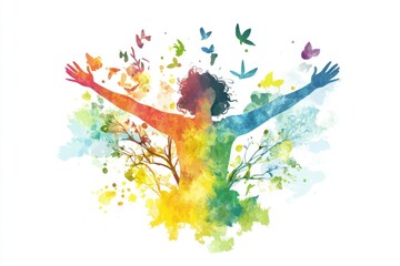 A woman stands with her arms raised in the air, conveying a sense of freedom or joy