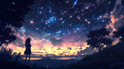 Fototapeta premium Captivating photo of a starry sky featuring a mesmerizing starfall, capturing the beauty and wonder of the night sky with countless stars shining brightly. Starfall. Illustration