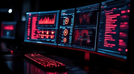 Cybersecurity monitoring system with multiple screens displaying data analysis and code.