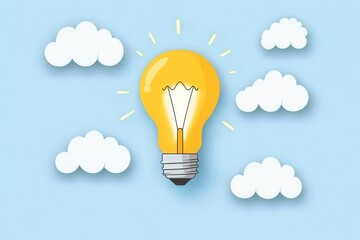 Bright Light Bulb Illustration in Modern Cartoon Style with Dynamic Lighting and Cloudy Blue Background Ideal for Creative Projects and Energy Concepts