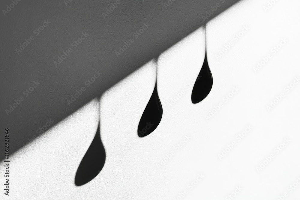Poster a close-up image of three water droplets in various shapes, photographed in black and white
