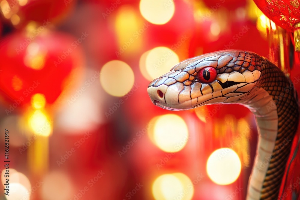 Poster A close-up shot of a snake statue with vibrant red lanterns in the background