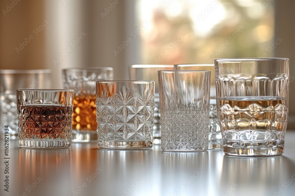 Aufkleber a collection of glasses placed on a table surface, suitable for use in still life photography or as 