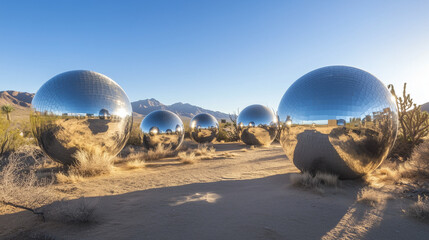 Lustrzane kule rozmieszczone na pustyni, odbijające piasek, niebo i odległe g&oacute;ry, tworzące surrealistyczny efekt w minimalistycznym otoczeniu.