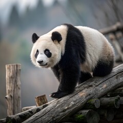 Fototapeta premium Original and dangerous image of Panda, a giant panda eating bamboo