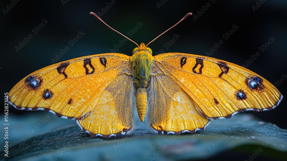 Poster close-up of a butterfly perched on a leaf, with intricate details and textures