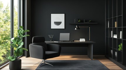 Modern Dark Home Office Interior Design: Elegant Black Workspace with Natural Light