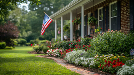 charming suburban home with a lush garden and a U.S. flag on the porch. A picturesque representation of American pride and peaceful living.