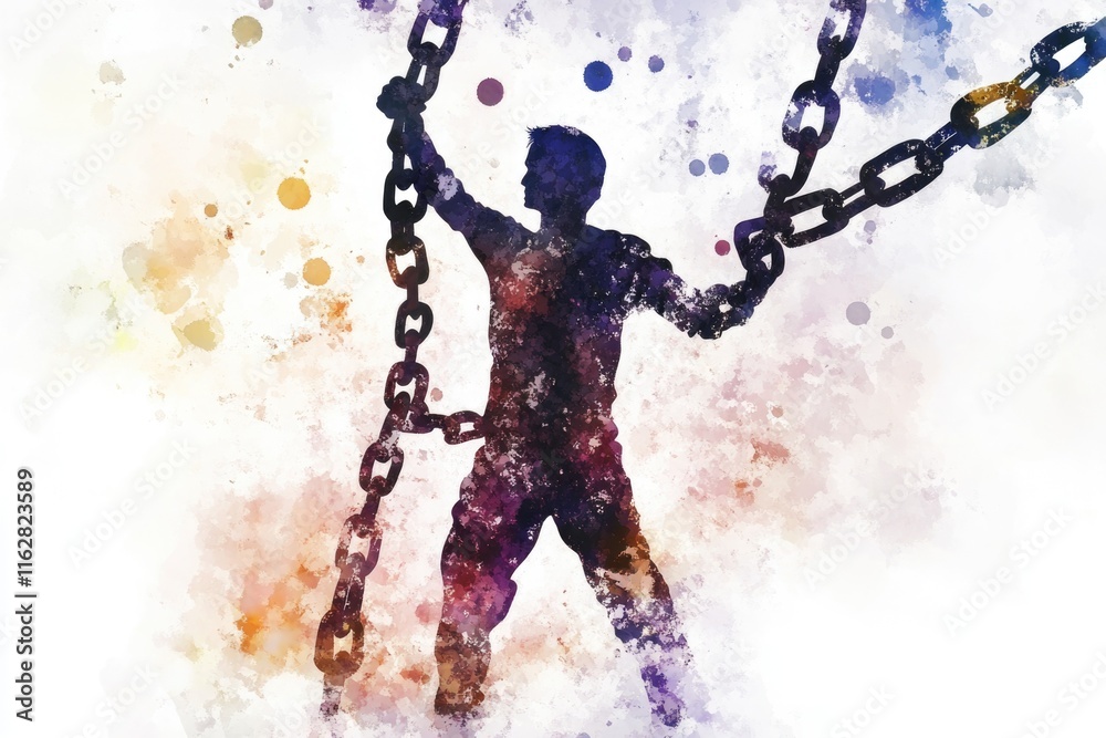 Poster a person holds a chain, possibly for restraint or connection
