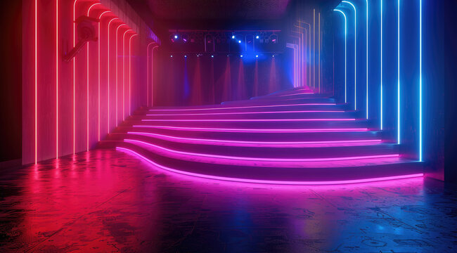Stage with 3 led screens on a matting with many-curved borders with neon strips. Black glossy floor, neon Color palette, magenta, purple and green. - Powered by Adobe