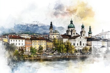 A watercolor painting of a city overlooking the calm waters of a river, perfect for use in travel or lifestyle editorials