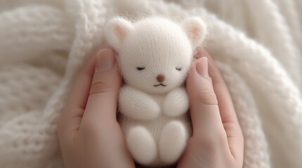 A hand holding a small white teddy bear