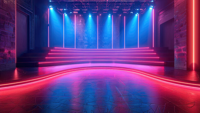 Stage with 3 led screens on a matting with many-curved borders with neon strips. Black glossy floor, neon Color palette, magenta, purple and green.