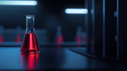 A red beaker is sitting on a table