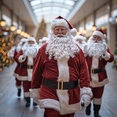 Parade group of Santa Clauses through the shopping center, waving, smiling.