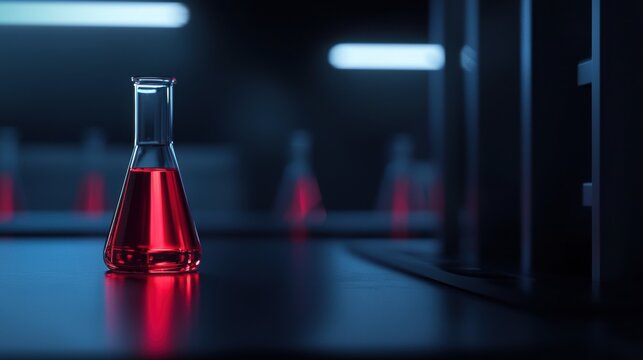 A red beaker is sitting on a table