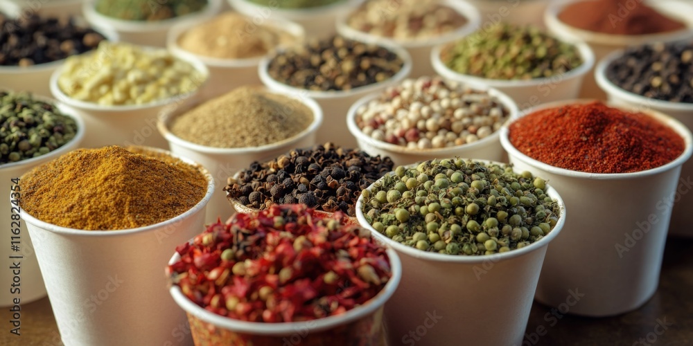 Poster A selection of different spices in small cups, great for displaying or using in cooking demonstrations