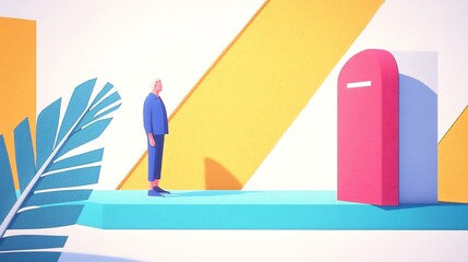 Obraz premium Stylish 3D Render: Man Contemplating Brightly Colored Mailbox. AI Generated