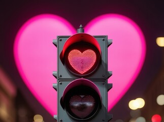 Heart-shaped traffic light shining against a vibrant pink heart at night in a city street