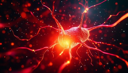 An intricate view of a neuron with vibrant colors, showcasing its complex structure and signaling capabilities in the human body.