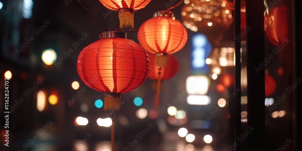 Poster a cluster of bright red lanterns suspended from a pole, creating a warm and cozy atmosphere