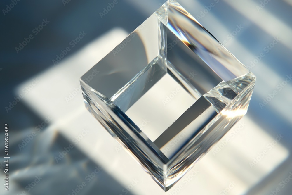 Poster a transparent glass cube sitting on a surface, ideal for use as a decorative piece or in a product s