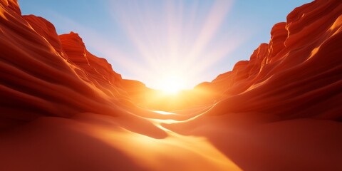 Breathtaking sunset over sand dunes, showcasing the beauty of nature with soft light illuminating the rocky formations.