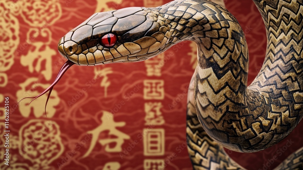 Poster A close-up view of a snake on a red background, great for use in presentations or as a symbol in designs