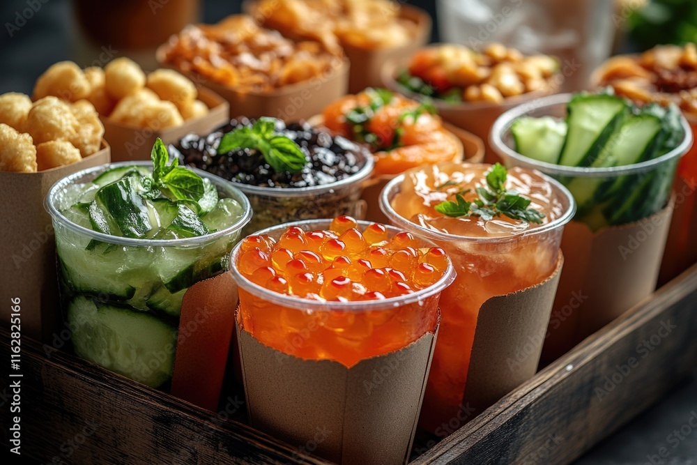 Poster a wooden tray filled with various types of food, perfect for a buffet or snack display
