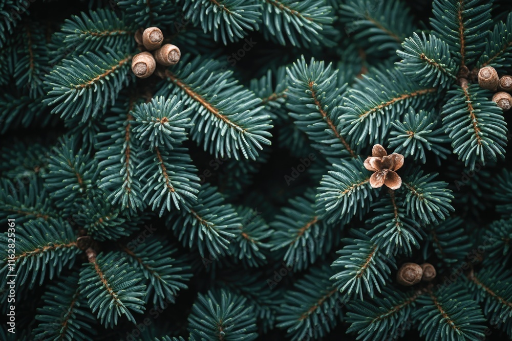 Poster close-up view of a pine tree with cones, suitable for outdoor or nature-themed projects