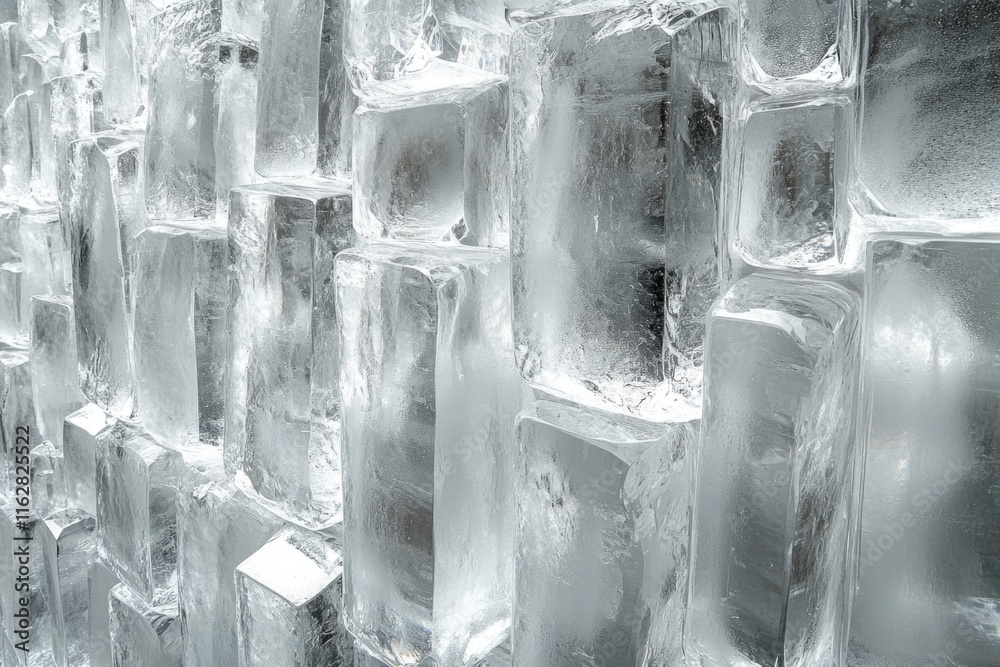 Poster a unique scene featuring a wall of ice blocks with a black and white photograph displayed prominentl