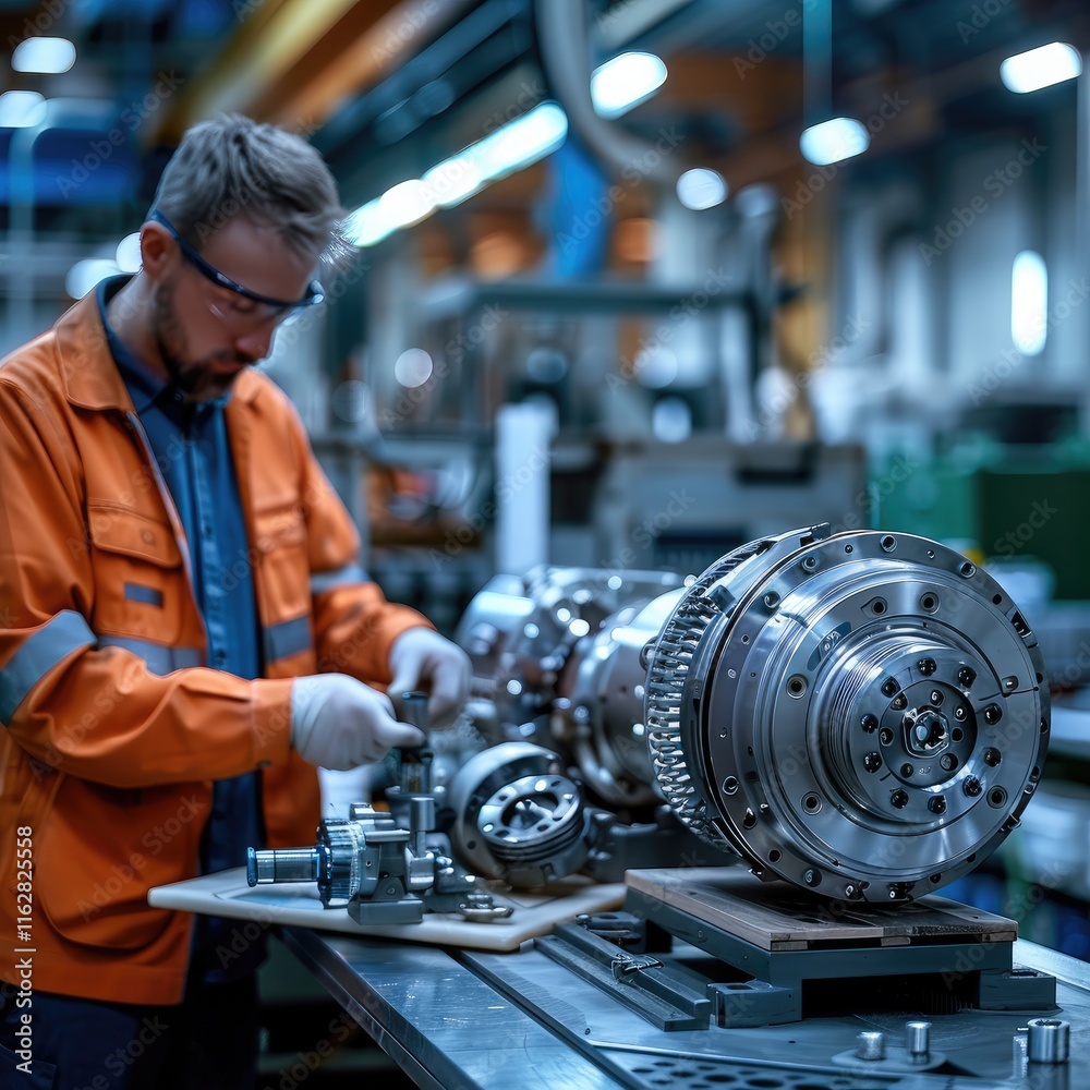 Poster a professional industrial workspace featuring two technicians working on a partially disassembled el