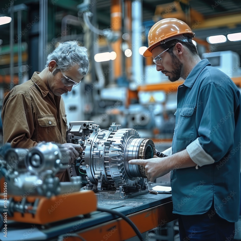 Poster a professional industrial workspace featuring two technicians working on a partially disassembled el