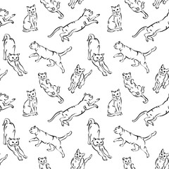 Lovely Funny Cat Puppy Seamless Vector Pattern, Monochrome Outline Illustration for Cats Moms  