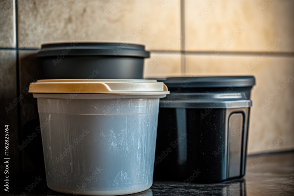 Poster a pair of containers sitting on a countertop