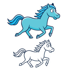 Cute Blue Horse Cartoon And Line Drawing Illustration