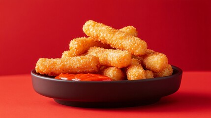 Crispy fish sticks served with a spicy sriracha mayo dip, isolated on a vibrant red background for contrast