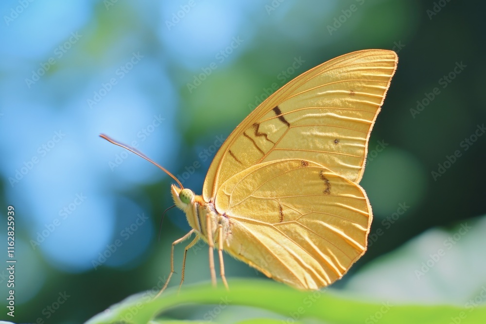 Poster a detailed view of a butterfly perched on a leaf, highlighting its delicate features and the natural