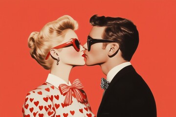 vintage americana blond retro 60s style woman wearing a heart and bow print dress kissing her man, Valentines card