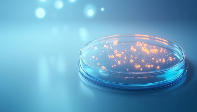 Close-up of a petri dish with glowing particles, representing microbiology experimentation and scientific discovery.