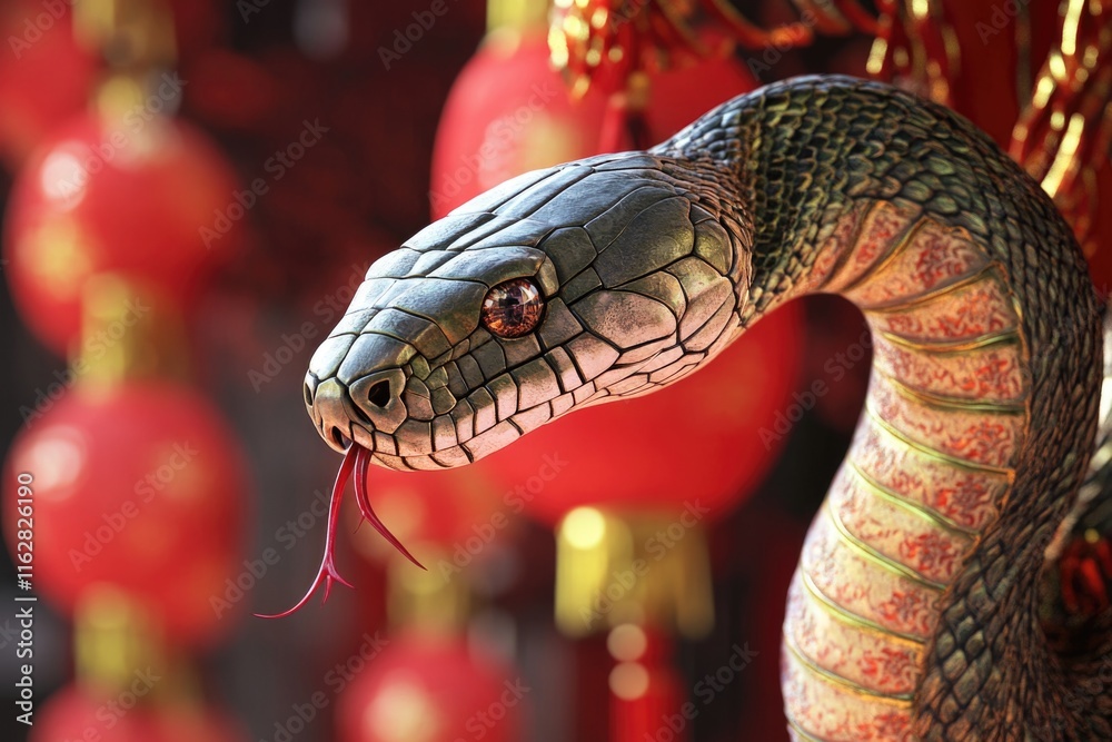 Poster Close-up of a snake surrounded by red lanterns, ideal for use in mystical or mysterious scene compositions