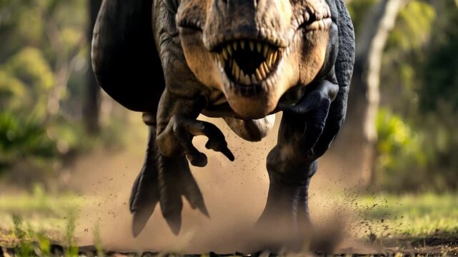 Massive Tyrannosaurus Rex running across primeval terrain, displaying prehistoric predator's muscular strength and aggressive movement