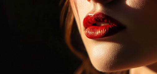 Close-up of beautifully styled lips showcasing a vibrant red lipstick against a dark backdrop, highlighting beauty and elegance.