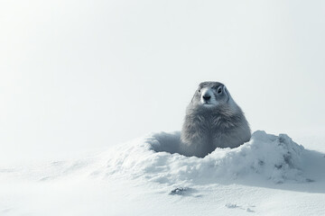 Obraz premium Curious groundhog emerging from its burrow on a bright winter morning, surrounded by light snow and gentle shadows. Groundhog Day