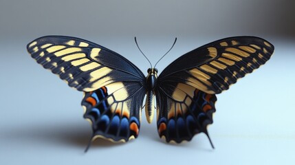 Fototapeta premium A close-up view of a colorful butterfly perched on a white background