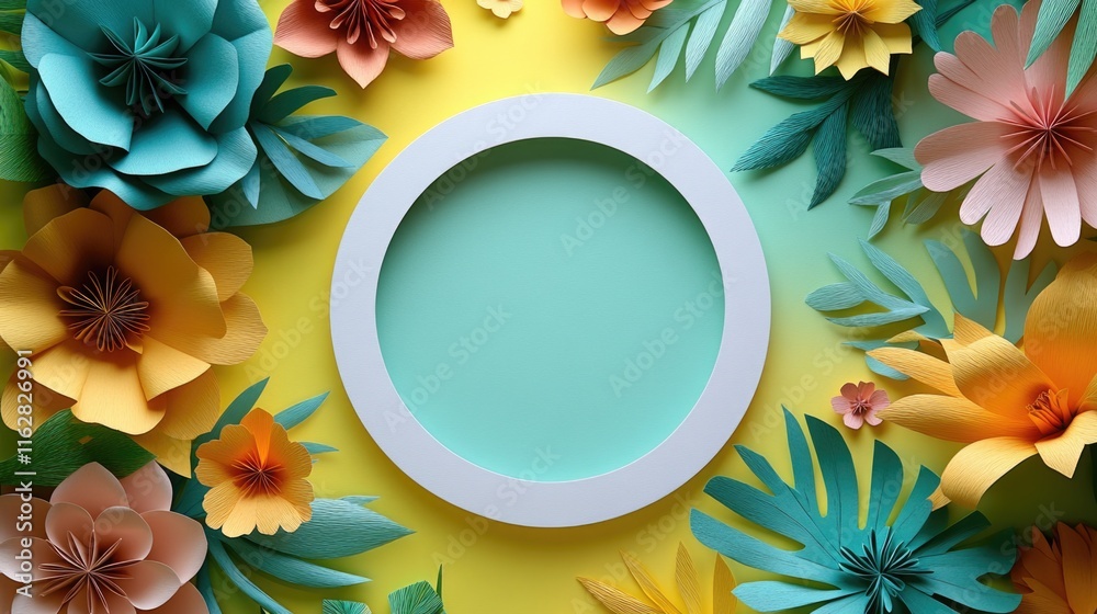 Poster a delicate white frame surrounded by paper flowers on a bright yellow background, perfect for decora
