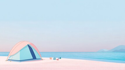 Serene Beach Camping: Pastel Tent Awaits on Calm Ocean Shore - 3D Render Illustration. AI Generated